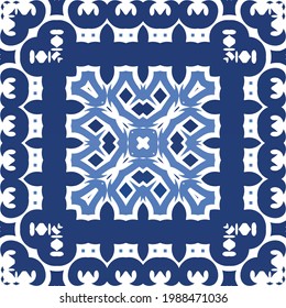 Decorative color ceramic azulejo tiles. Vector seamless pattern concept. Hand drawn design. Blue folk ethnic ornament for print, web background, surface texture, towels, pillows, wallpaper.