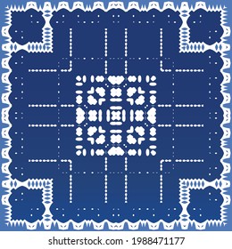 Decorative color ceramic azulejo tiles. Minimal design. Vector seamless pattern elements. Blue folk ethnic ornament for print, web background, surface texture, towels, pillows, wallpaper.