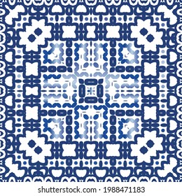 Decorative color ceramic azulejo tiles. Vector seamless pattern arabesque. Kitchen design. Blue folk ethnic ornament for print, web background, surface texture, towels, pillows, wallpaper.