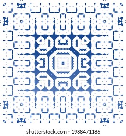 Decorative color ceramic azulejo tiles. Universal design. Vector seamless pattern concept. Blue folk ethnic ornament for print, web background, surface texture, towels, pillows, wallpaper.