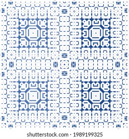 Decorative color ceramic azulejo tiles. Universal design. Vector seamless pattern concept. Blue folk ethnic ornament for print, web background, surface texture, towels, pillows, wallpaper.