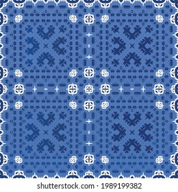 Decorative color ceramic azulejo tiles. Vector seamless pattern watercolor. Modern design. Blue folk ethnic ornament for print, web background, surface texture, towels, pillows, wallpaper.