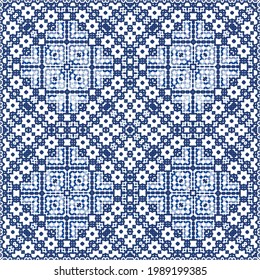 Decorative color ceramic azulejo tiles. Vector seamless pattern arabesque. Kitchen design. Blue folk ethnic ornament for print, web background, surface texture, towels, pillows, wallpaper.