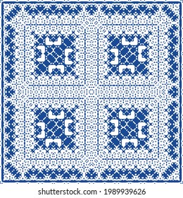 Decorative color ceramic azulejo tiles. Minimal design. Vector seamless pattern illustration. Blue folk ethnic ornament for print, web background, surface texture, towels, pillows, wallpaper.