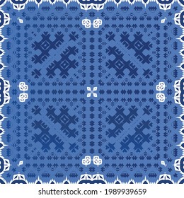Decorative color ceramic azulejo tiles. Vector seamless pattern watercolor. Modern design. Blue folk ethnic ornament for print, web background, surface texture, towels, pillows, wallpaper.