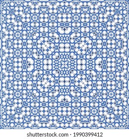 Decorative color ceramic azulejo tiles. Geometric design. Vector seamless pattern frame. Blue folk ethnic ornament for print, web background, surface texture, towels, pillows, wallpaper.