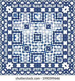 Decorative color ceramic azulejo tiles. Vector seamless pattern arabesque. Kitchen design. Blue folk ethnic ornament for print, web background, surface texture, towels, pillows, wallpaper.