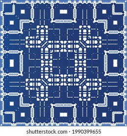 Decorative color ceramic azulejo tiles. Minimal design. Vector seamless pattern elements. Blue folk ethnic ornament for print, web background, surface texture, towels, pillows, wallpaper.
