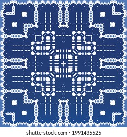 Decorative color ceramic azulejo tiles. Minimal design. Vector seamless pattern elements. Blue folk ethnic ornament for print, web background, surface texture, towels, pillows, wallpaper.