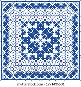 Decorative color ceramic azulejo tiles. Minimal design. Vector seamless pattern illustration. Blue folk ethnic ornament for print, web background, surface texture, towels, pillows, wallpaper.