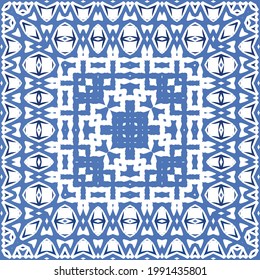 Decorative color ceramic azulejo tiles. Geometric design. Vector seamless pattern frame. Blue folk ethnic ornament for print, web background, surface texture, towels, pillows, wallpaper.