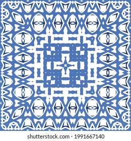 Decorative color ceramic azulejo tiles. Geometric design. Vector seamless pattern frame. Blue folk ethnic ornament for print, web background, surface texture, towels, pillows, wallpaper.