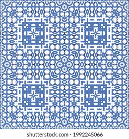 Decorative color ceramic azulejo tiles. Geometric design. Vector seamless pattern frame. Blue folk ethnic ornament for print, web background, surface texture, towels, pillows, wallpaper.