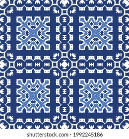 Decorative color ceramic azulejo tiles. Vector seamless pattern concept. Hand drawn design. Blue folk ethnic ornament for print, web background, surface texture, towels, pillows, wallpaper.