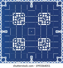 Decorative color ceramic azulejo tiles. Minimal design. Vector seamless pattern elements. Blue folk ethnic ornament for print, web background, surface texture, towels, pillows, wallpaper.