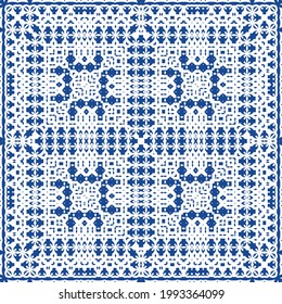 Decorative color ceramic azulejo tiles. Minimal design. Vector seamless pattern illustration. Blue folk ethnic ornament for print, web background, surface texture, towels, pillows, wallpaper.