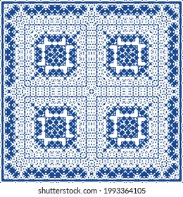 Decorative color ceramic azulejo tiles. Minimal design. Vector seamless pattern illustration. Blue folk ethnic ornament for print, web background, surface texture, towels, pillows, wallpaper.