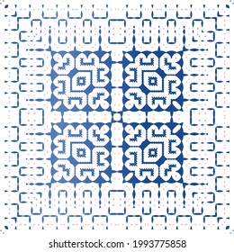 Decorative color ceramic azulejo tiles. Universal design. Vector seamless pattern concept. Blue folk ethnic ornament for print, web background, surface texture, towels, pillows, wallpaper.