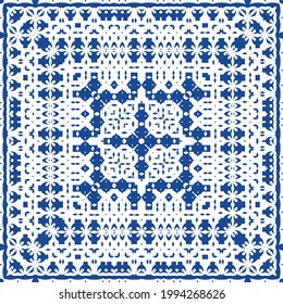 Decorative color ceramic azulejo tiles. Minimal design. Vector seamless pattern illustration. Blue folk ethnic ornament for print, web background, surface texture, towels, pillows, wallpaper.