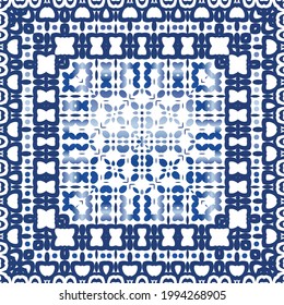 Decorative color ceramic azulejo tiles. Vector seamless pattern arabesque. Kitchen design. Blue folk ethnic ornament for print, web background, surface texture, towels, pillows, wallpaper.