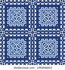 Decorative color ceramic azulejo tiles. Vector seamless pattern concept. Hand drawn design. Blue folk ethnic ornament for print, web background, surface texture, towels, pillows, wallpaper.