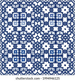 Decorative color ceramic azulejo tiles. Vector seamless pattern arabesque. Kitchen design. Blue folk ethnic ornament for print, web background, surface texture, towels, pillows, wallpaper.
