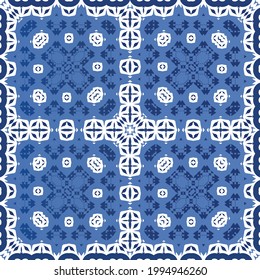 Decorative color ceramic azulejo tiles. Vector seamless pattern watercolor. Modern design. Blue folk ethnic ornament for print, web background, surface texture, towels, pillows, wallpaper.