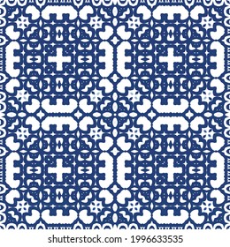Decorative color ceramic azulejo tiles. Vector seamless pattern arabesque. Kitchen design. Blue folk ethnic ornament for print, web background, surface texture, towels, pillows, wallpaper.