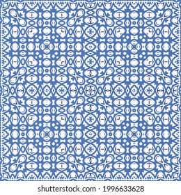 Decorative color ceramic azulejo tiles. Geometric design. Vector seamless pattern frame. Blue folk ethnic ornament for print, web background, surface texture, towels, pillows, wallpaper.