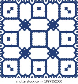 Decorative color ceramic azulejo tiles. Vector seamless pattern arabesque. Kitchen design. Blue folk ethnic ornament for print, web background, surface texture, towels, pillows, wallpaper.