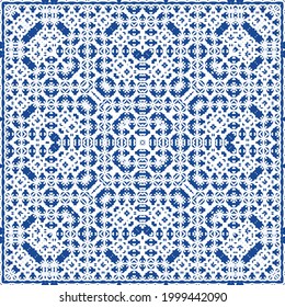 Decorative color ceramic azulejo tiles. Minimal design. Vector seamless pattern illustration. Blue folk ethnic ornament for print, web background, surface texture, towels, pillows, wallpaper.