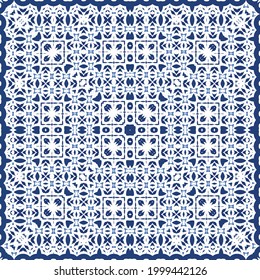 Decorative color ceramic azulejo tiles. Vector seamless pattern watercolor. Modern design. Blue folk ethnic ornament for print, web background, surface texture, towels, pillows, wallpaper.