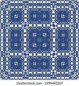 Decorative color ceramic azulejo tiles. Vector seamless pattern arabesque. Kitchen design. Blue folk ethnic ornament for print, web background, surface texture, towels, pillows, wallpaper.