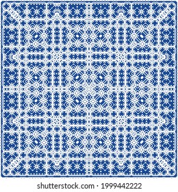 Decorative color ceramic azulejo tiles. Minimal design. Vector seamless pattern illustration. Blue folk ethnic ornament for print, web background, surface texture, towels, pillows, wallpaper.