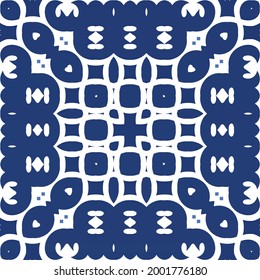 Decorative color ceramic azulejo tiles. Vector seamless pattern concept. Hand drawn design. Blue folk ethnic ornament for print, web background, surface texture, towels, pillows, wallpaper.