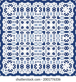 Decorative color ceramic azulejo tiles. Vector seamless pattern watercolor. Modern design. Blue folk ethnic ornament for print, web background, surface texture, towels, pillows, wallpaper.