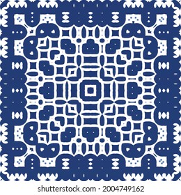 Decorative color ceramic azulejo tiles. Vector seamless pattern concept. Hand drawn design. Blue folk ethnic ornament for print, web background, surface texture, towels, pillows, wallpaper.