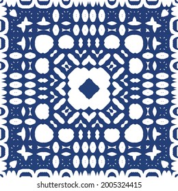Decorative color ceramic azulejo tiles. Vector seamless pattern arabesque. Kitchen design. Blue folk ethnic ornament for print, web background, surface texture, towels, pillows, wallpaper.