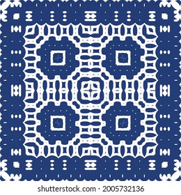 Decorative color ceramic azulejo tiles. Vector seamless pattern concept. Hand drawn design. Blue folk ethnic ornament for print, web background, surface texture, towels, pillows, wallpaper.