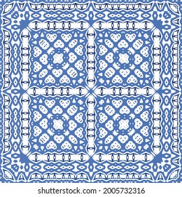 Decorative color ceramic azulejo tiles. Geometric design. Vector seamless pattern frame. Blue folk ethnic ornament for print, web background, surface texture, towels, pillows, wallpaper.