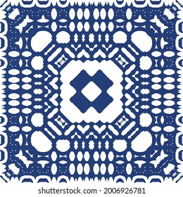 Decorative color ceramic azulejo tiles. Vector seamless pattern arabesque. Kitchen design. Blue folk ethnic ornament for print, web background, surface texture, towels, pillows, wallpaper.