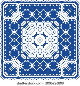 Decorative color ceramic azulejo tiles. Minimal design. Vector seamless pattern illustration. Blue folk ethnic ornament for print, web background, surface texture, towels, pillows, wallpaper.