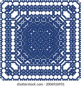 Decorative color ceramic azulejo tiles. Vector seamless pattern arabesque. Kitchen design. Blue folk ethnic ornament for print, web background, surface texture, towels, pillows, wallpaper.