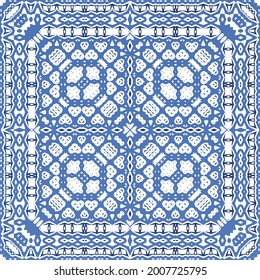 Decorative color ceramic azulejo tiles. Geometric design. Vector seamless pattern frame. Blue folk ethnic ornament for print, web background, surface texture, towels, pillows, wallpaper.