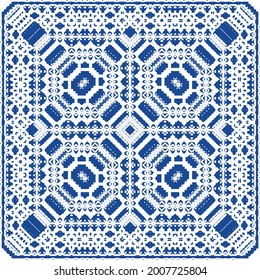 Decorative color ceramic azulejo tiles. Minimal design. Vector seamless pattern illustration. Blue folk ethnic ornament for print, web background, surface texture, towels, pillows, wallpaper.
