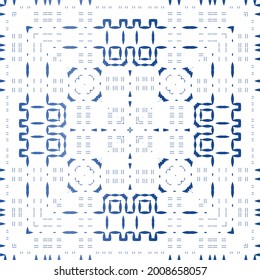 Decorative color ceramic azulejo tiles. Universal design. Vector seamless pattern concept. Blue folk ethnic ornament for print, web background, surface texture, towels, pillows, wallpaper.