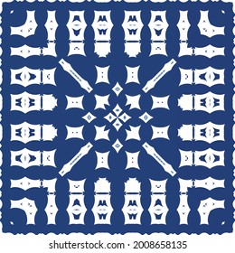 Decorative color ceramic azulejo tiles. Vector seamless pattern watercolor. Modern design. Blue folk ethnic ornament for print, web background, surface texture, towels, pillows, wallpaper.