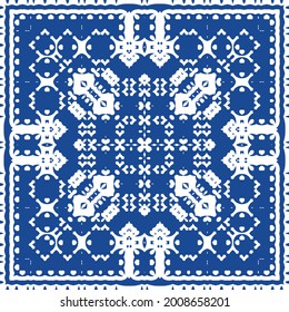 Decorative color ceramic azulejo tiles. Minimal design. Vector seamless pattern illustration. Blue folk ethnic ornament for print, web background, surface texture, towels, pillows, wallpaper.
