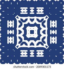 Decorative color ceramic azulejo tiles. Vector seamless pattern concept. Hand drawn design. Blue folk ethnic ornament for print, web background, surface texture, towels, pillows, wallpaper.
