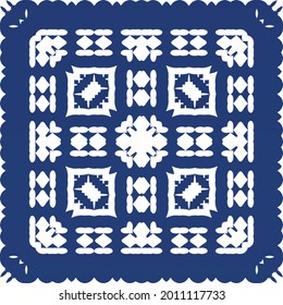 Decorative color ceramic azulejo tiles. Vector seamless pattern concept. Hand drawn design. Blue folk ethnic ornament for print, web background, surface texture, towels, pillows, wallpaper.